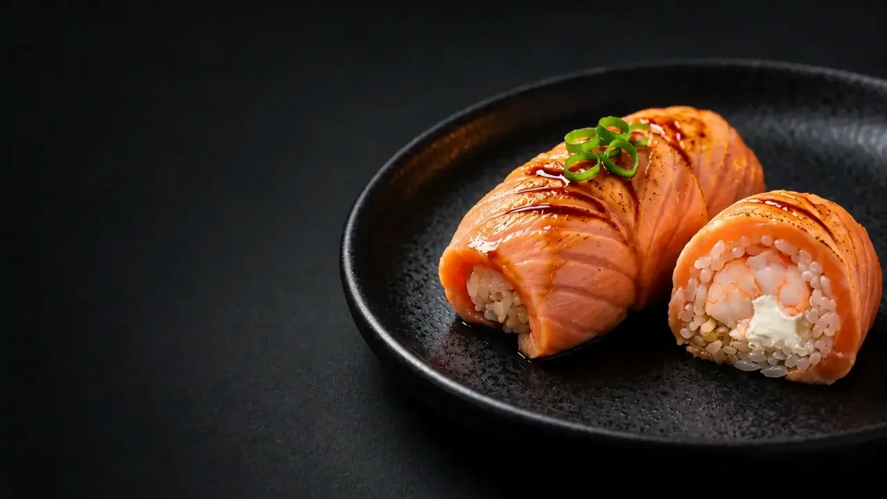 Imagem ilustrativa do Temakisan Camarão, com salmão dourado, teriyaki e cebolinha